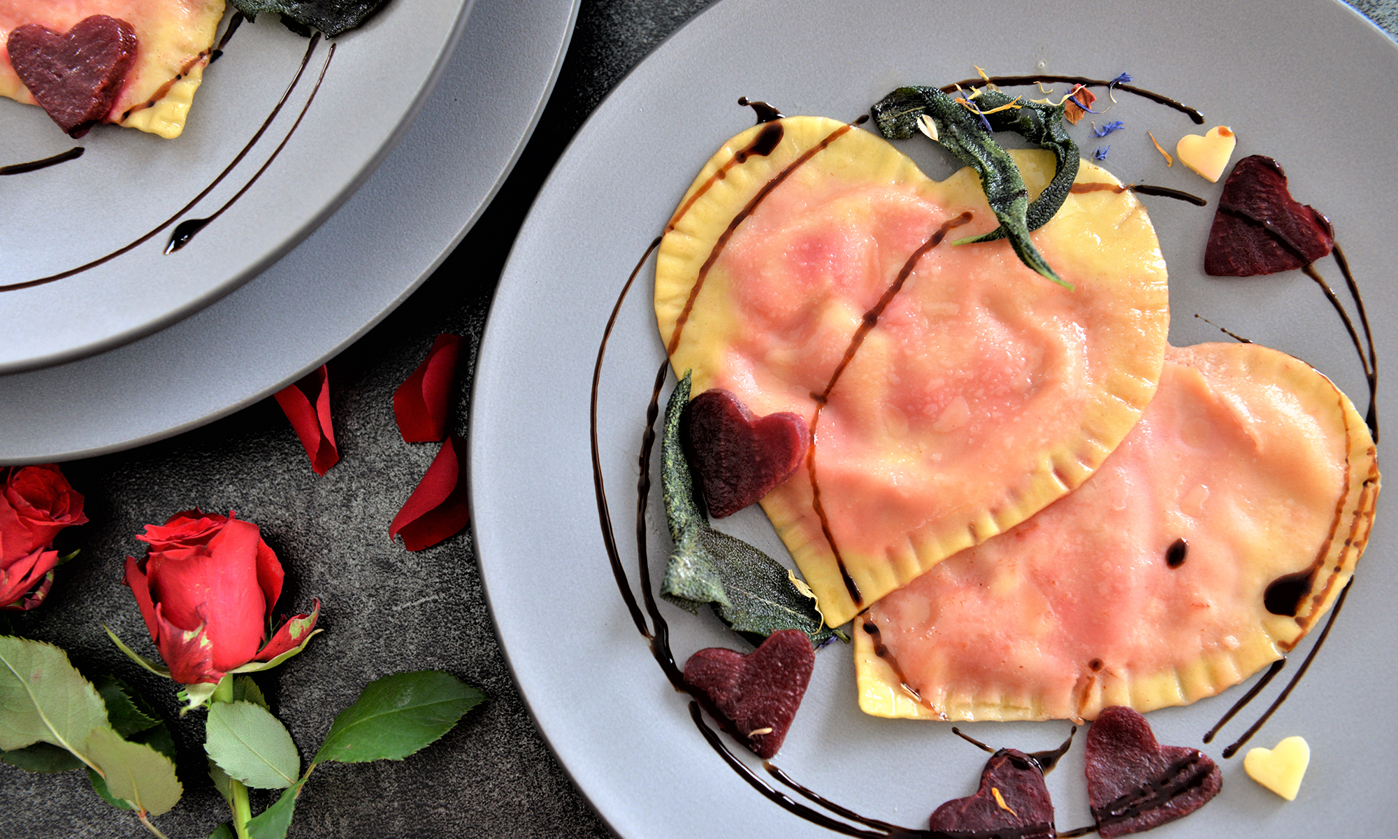 Pasta hearts with Raclette cheese and beetroot filling